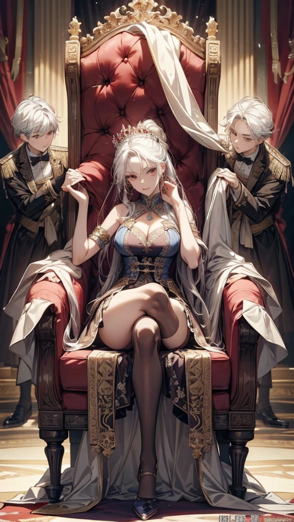 medieval fantasy style, girl, queen, beautiful, slender, sexy, big elastic breasts, makeup, crown, earrings, necklace, expensive luxurious chic royal dress in fantasy style, European style of clothing, neckline, deep neckline, on the throne, hentai