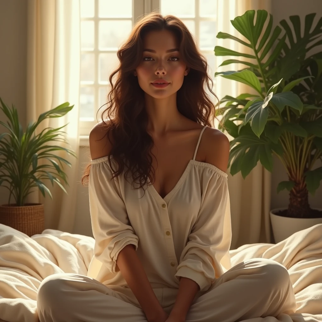 (photorealism:1.2), beautiful woman, sitting on bed, wearing loose off-shoulder top, pajama pants, long curly hair, indoors, soft lighting, plants in background, window with sunlight, cozy room, relaxed pose, realistic, intricate details, warm colors, by Greg Rutkowski, by Alphonse Mucha