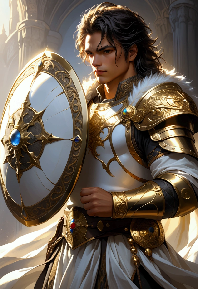 He holds a white and gold shield in his hand