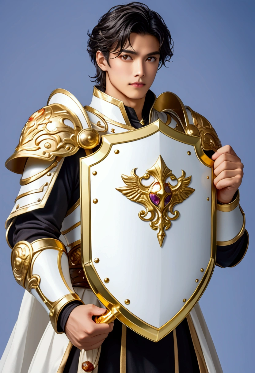 He holds a white and gold shield in his hand