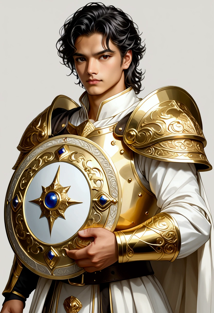 He holds a white and gold shield in his hand