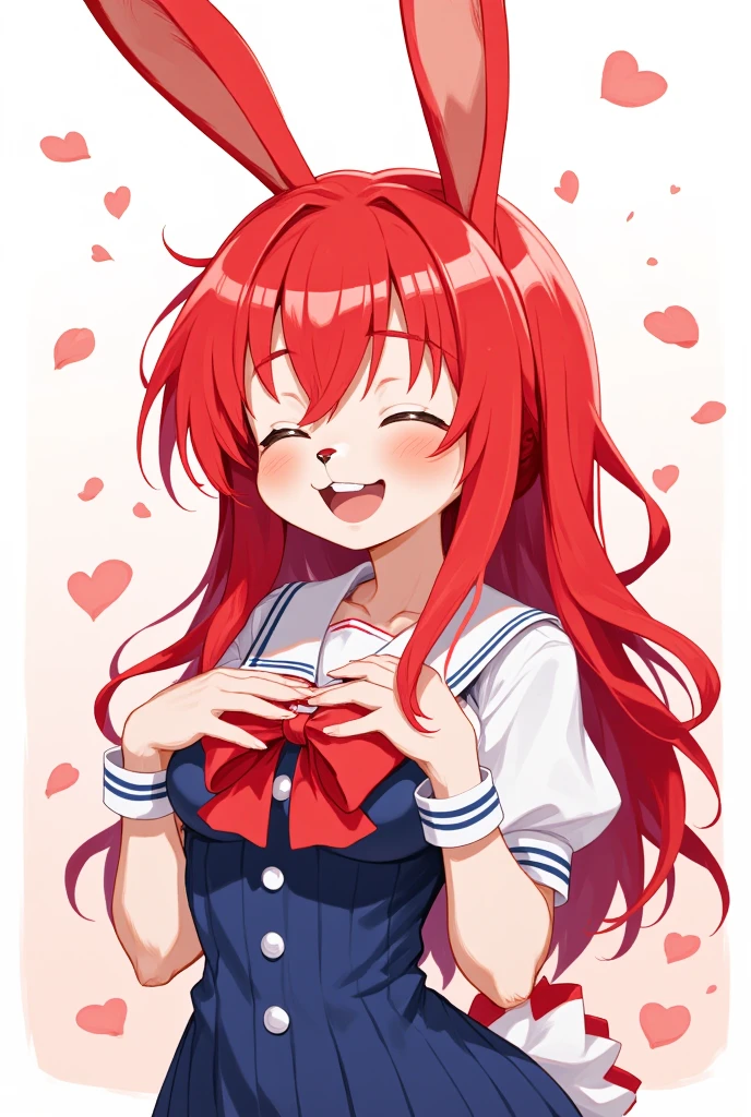 1girl, (furry girl, anthro rabbit:1.5), cute anime style illustration, rabbit ears, rabbit tail, animal nose, long hair, closed eyes, open mouth, red hair, blush, sailor collar, very long hair, :d, collarbone, hat, skirt, school uniform, short sleeves, beret, puffy sleeves, shirt, puffy short sleeves, vest, pleated skirt, bowtie, petals, bow, solo, white background, simple background, cowboy shot, dutch angle, blue skirt, white headwear, red bow, white sailor collar, smile, blue vest, white shirt, hands on own chest, red bowtie,