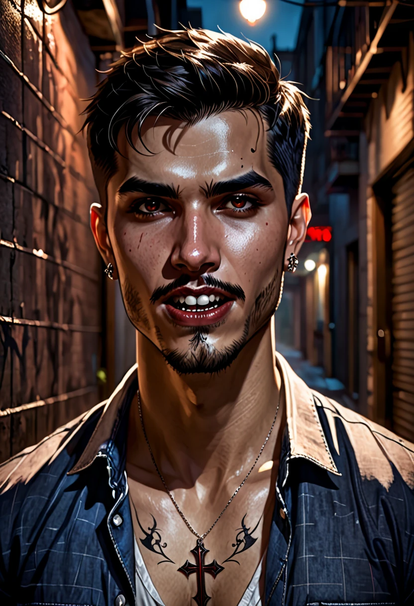 in the style of Charlie Bowater, (UHD),Vampire, Detealized face, fangs, man in an alley, net shirt, latino, jeans, barefoot, mouth open to bite, brown short hair, small tattoo (cross) on face (right cheek), Night