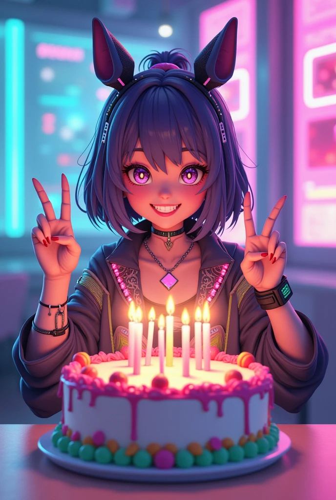 VTuber Cyber Girl Siro Smile Double Peace Scene Happy Birthday Whole Cake 7 Candles