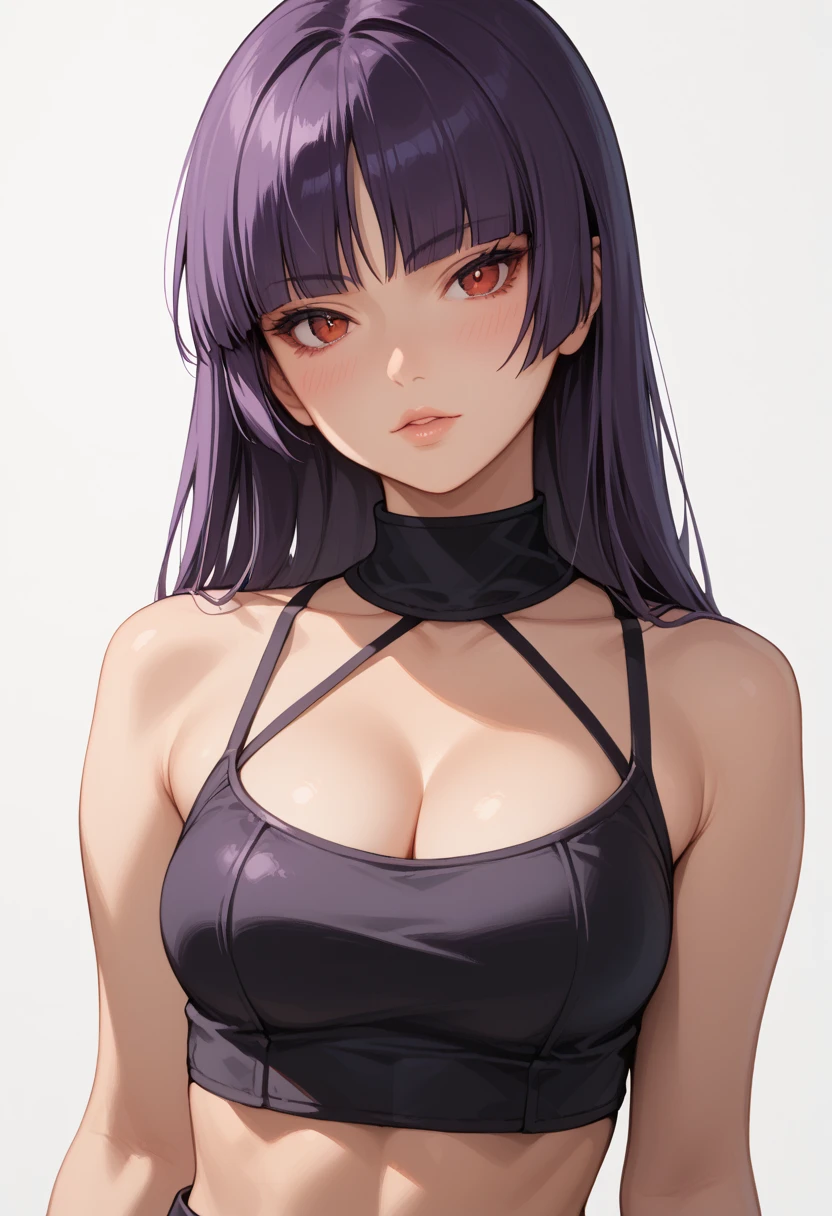 Score_9, score_8_up, score_7_up, score_6_up, source_anime, rating:general, 1girl, sabrina pokemon, purple hair, long hair, hime cut, stunning red eyes, pale skin, blush, perfect lips, sultry look, looking at viewer, crop top, exposed, midriff, medium sized breasts, exposed shoulders, exposed arms, cleavage, solo, 8k quality, vivid colors, perfect shadowing, perfect lighting, cowboy shot, looking at viewer, head tilt,