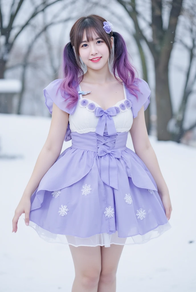 smiling, , japan girl, two-tone Hairstyle, very long hair, purple hair, medium breasts, pinkish-white shiny Skin, dress with snowflakes, snow ice, Cold weather, full body, Standing, full body