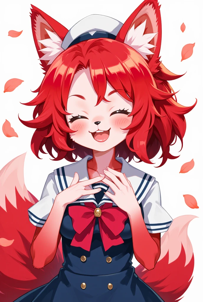 1girl, (furry girl, anthro fox1.5), cute anime style illustration, fox ears, fox tail, animal nose, long hair, closed eyes, open mouth, red hair, blush, sailor collar, very long hair, :d, collarbone, hat, skirt, school uniform, short sleeves, beret, puffy sleeves, shirt, puffy short sleeves, vest, pleated skirt, bowtie, petals, bow, solo, white background, simple background, cowboy shot, dutch angle, blue skirt, white headwear, red bow, white sailor collar, smile, blue vest, white shirt, hands on own chest, red bowtie,