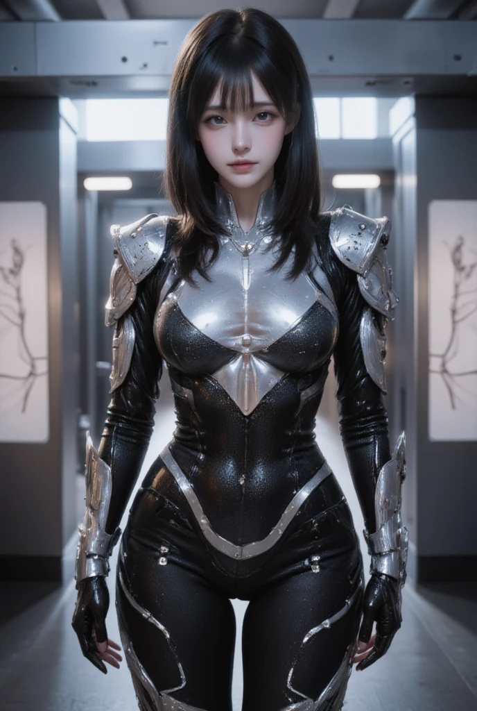 A full-body photo of a 20-year-old Japanese actress, captured in a cowboy shot. She stands with a perfect anatomy, showcasing her belly button and thighs. Her face is very cute, with detailed facial features and a close-up of her eyes. She wears a high-performance transparent polymer cyborg suit, fitting perfectly against her skin. The suit is shiny and transforming for the future, with detailed electronic circuits visible inside her body. Cables connect to the main unit, and manipulators touch her body. Electronics are also visible on her cheeks, set against the background of a cyborg transformation machine.