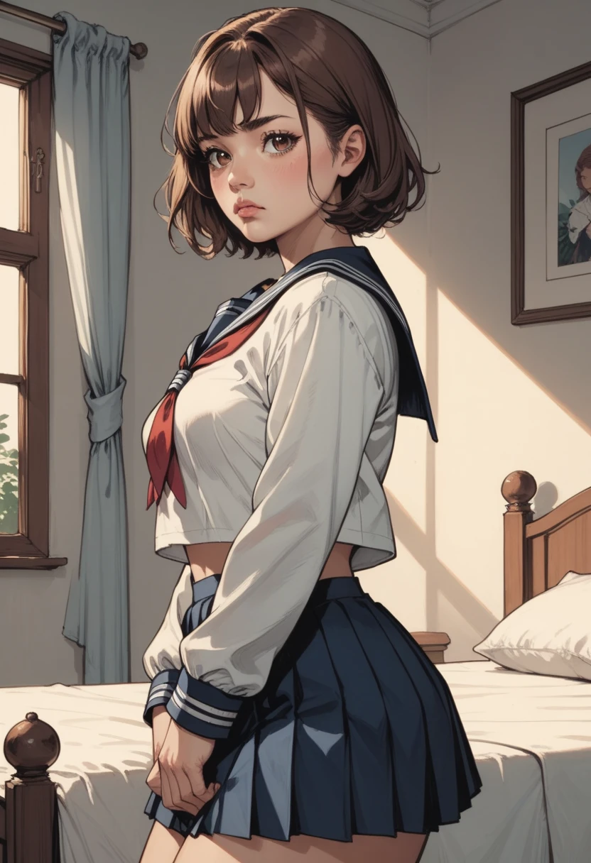 anime artwork, score_9, score_8_up, score_7_up, score_6_up, score_5_up, solo, 20 year old, perfect beautiful face, long eyelashes, (bedroom), medium breasts, wide hips, hips,,1 girl, brown hair, short hair, bangs, brown eyes school uniform, blue serafuku, sailor collar, looking at the viewer, side view