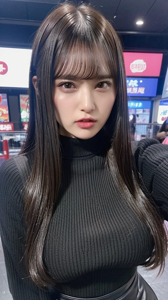 (((black long sleeve knit, black leather skirt))),((((black long hair, bangs)))), ((taking a selfie)),(((angry face, open mouth:1.2)))、 Japanese、((((Round face))))、(big cheeks)、((Cute Face))、(((Japanese idol)))、(((background: dark shopping mall))),  Ultra High Definition,  high image quality model,  retina,  top quality, High resolution、high resolution、in 8K,Highly detailed eyes and face、超High resolution, High resolution、high resolution、in 8K