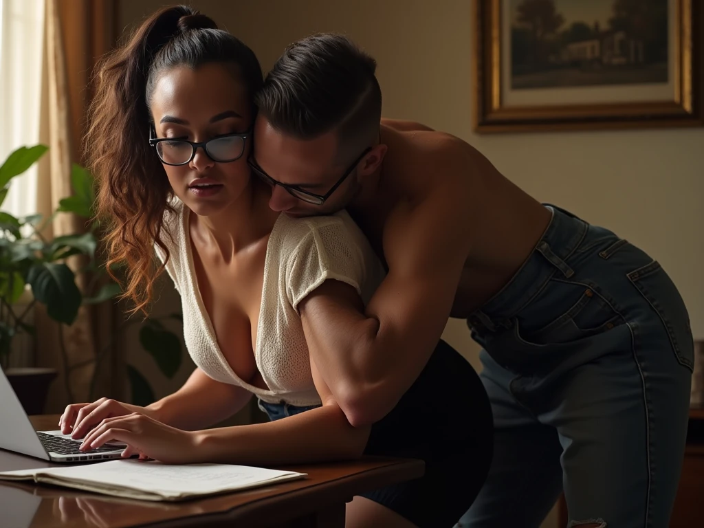 italian, waivy hair, bit like monica bellucci, eyes closed, updo, wearing high boots, black skirt, and brown knitted sweater with cleavage glasses , she is the queen of blowjobs, and she is doing a specatular blowjob completly sucking the penis to a man