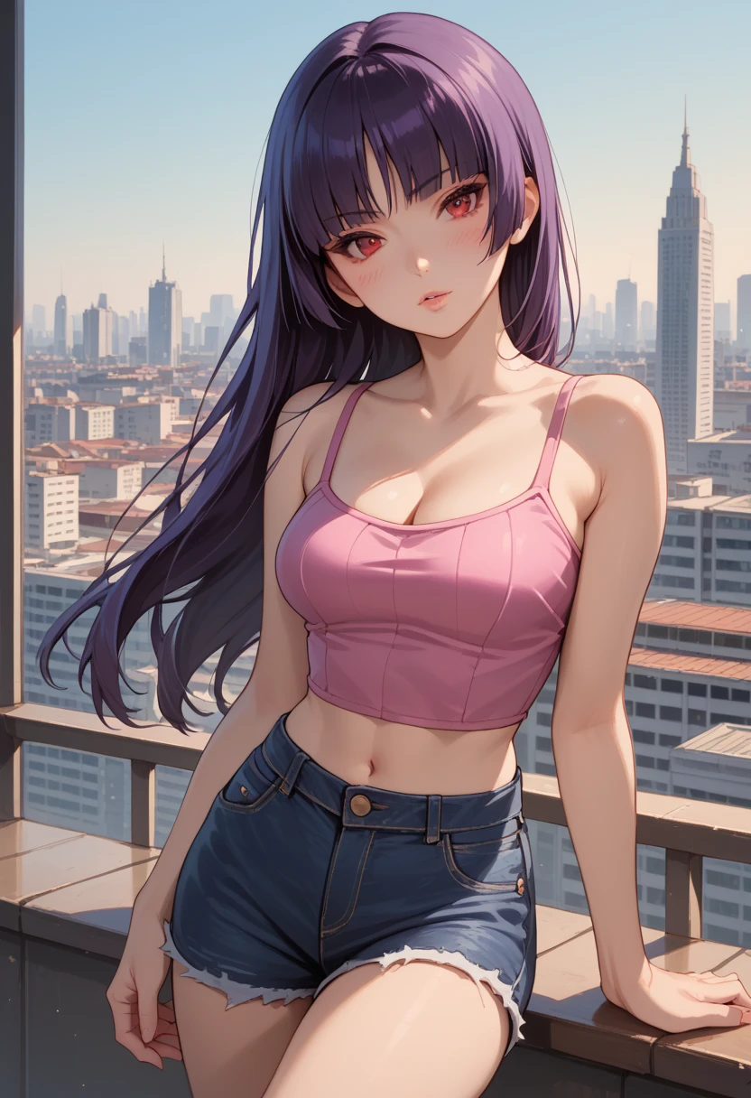 Score_9, score_8_up, score_7_up, score_6_up, source_anime, rating:general, 1girl, sabrina pokemon, purple hair, long hair, hime cut, stunning red eyes, pale skin, blush, perfect lips, sultry look, looking at viewer, pink crop top, tight jean shorts, exposed midriff, medium sized breasts, exposed shoulders, exposed arms, cleavage, solo, 8k quality, vivid colors, perfect shadowing, perfect lighting, cowboy shot, looking at viewer, head tilt, city background