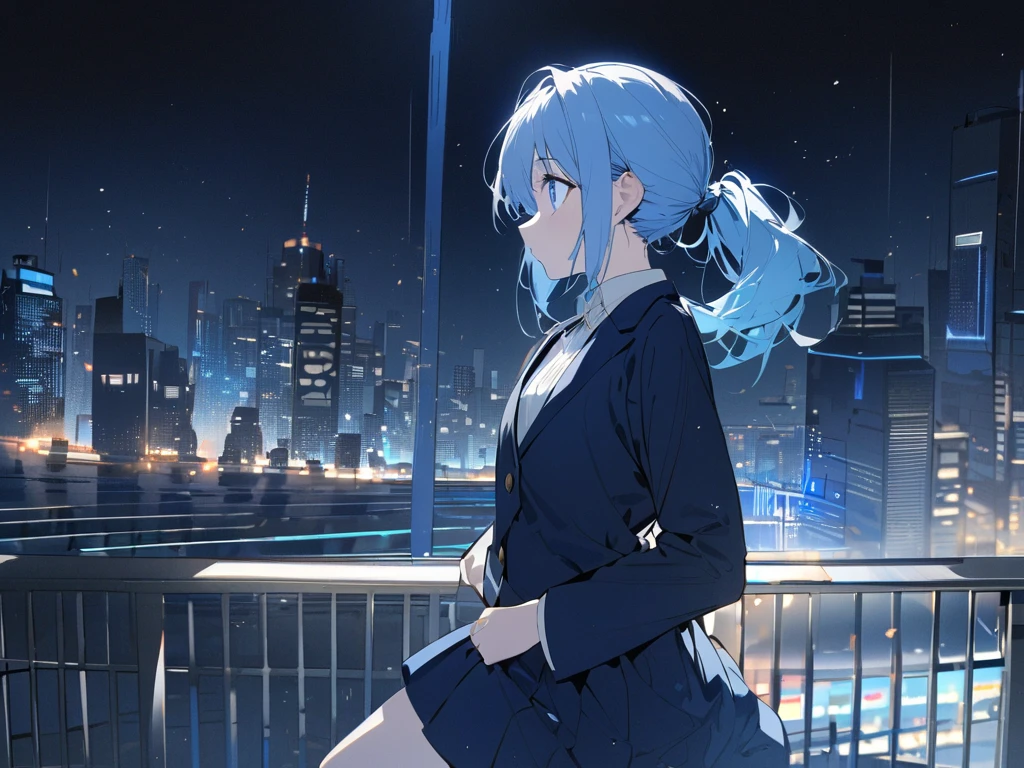 Half body portrait of a teenage woman with her back turned. Long blue hair, blue eyes, wears a beautiful all black suit and skirt. Turn around and look back at the half-body picture. Look back.. city view at night