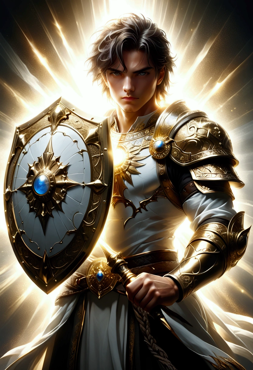 He holds a white and gold shield in his hand