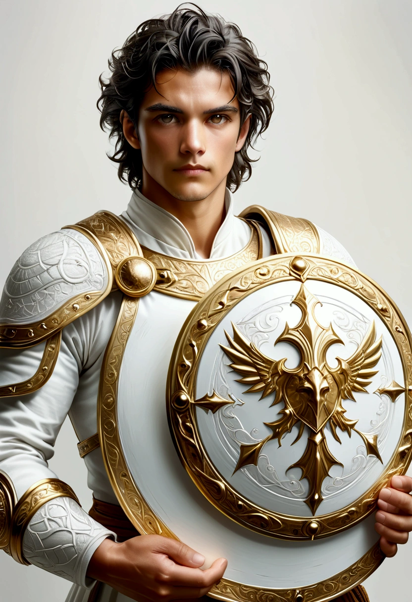 He holds a white and gold shield in his hand