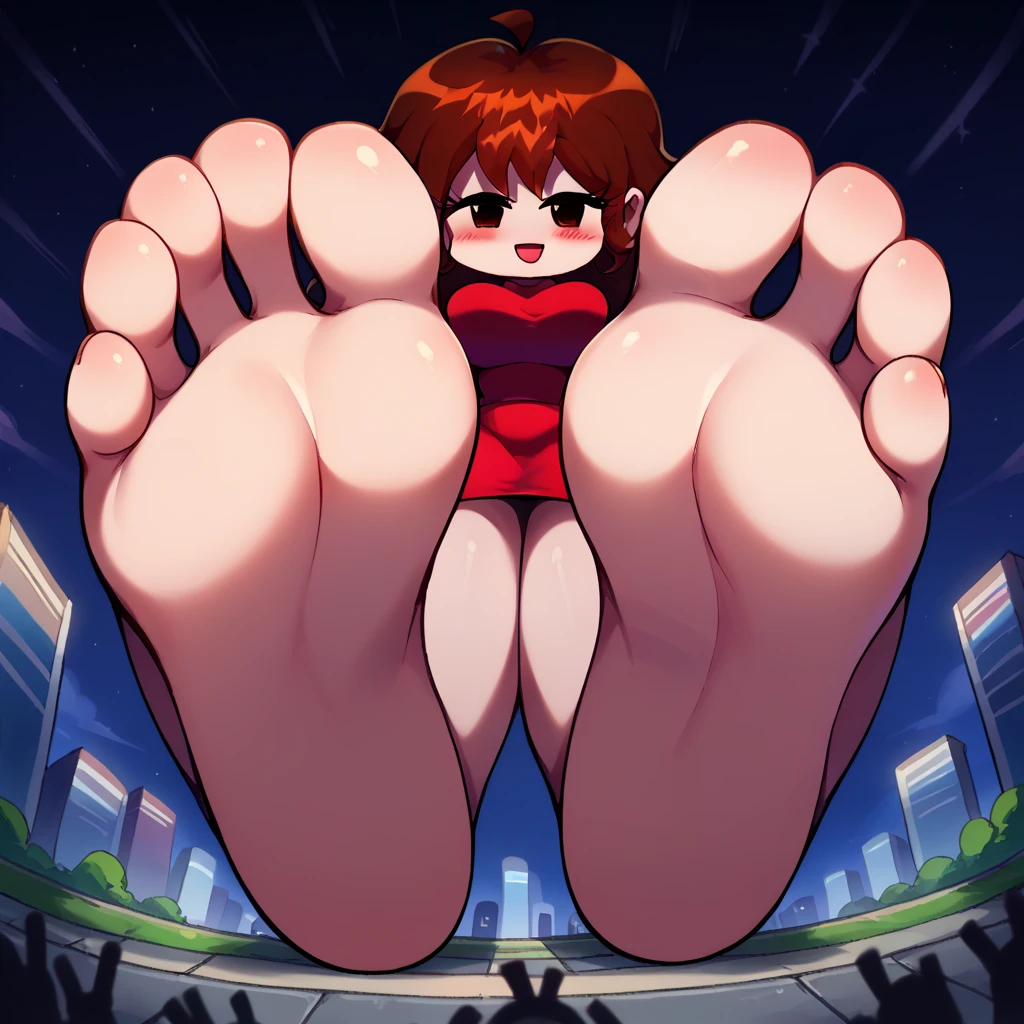 core_9, score_8_up, score_7_up, source_anime, BREAK pov: under giantess ,[girlfriend], [friday night funkin'], (( masterpiece )), ((HD)), (( high resolution )), ((beautiful rendered art)), ((portrait only)), (( full body)), ((front view)), ((visible feet)), (( cinematographic lighting)), , (( detailed shading )), (( intricate details )), {(slender figure), (cute brown eyes ), ( long lashes), ( long brown hair ), ( medium tits), ( curvy hips ), ( thick thighs ), (beautiful legs), (Blush), (cute smile), ( Open mouth)}, {( red short dress), (Side breasts), ( red pencil skirt ),sit,city,soles,right feet,city,panic crowd,tiny people,barefoot,from below,giantess{(standing)
