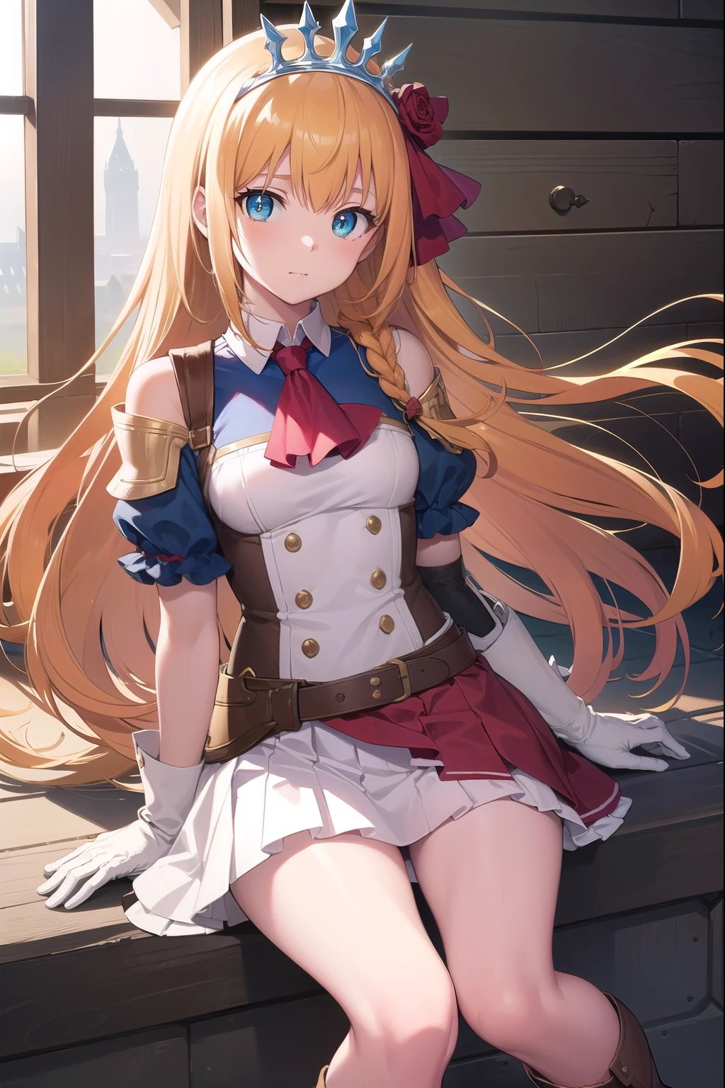 Pecorine, Pecorine,  blue eyes,  hair ornament,  long hair,  orange hair,  tiara ,  braided , hair  braided ,
break arm belt, armor,  ascot , blue socks,  boots,  dress,  gloves,  hair ornament, Open the clothes, open  dress, Small, pleated  skirt, puffy Short sleeve,   puffy sleeves, red  ascot , red  skirt, Short sleeve, shoulder armor, SINGLE SHOULDER ARMOR ,  skirt, socks, white  dress,  white shoes , white  gloves,
break looking at viewer, whole body,
break outdoors,
break (masterpiece:1.2),  top quality,  high definition ,  Unity 8K Wallpaper , ( illustrations:0.8), ( Beautiful Detailed Eyes :1.6),  highly detailed face, perfect lighting,  very detailed CG, (perfect hand,  Perfect Anatomy),