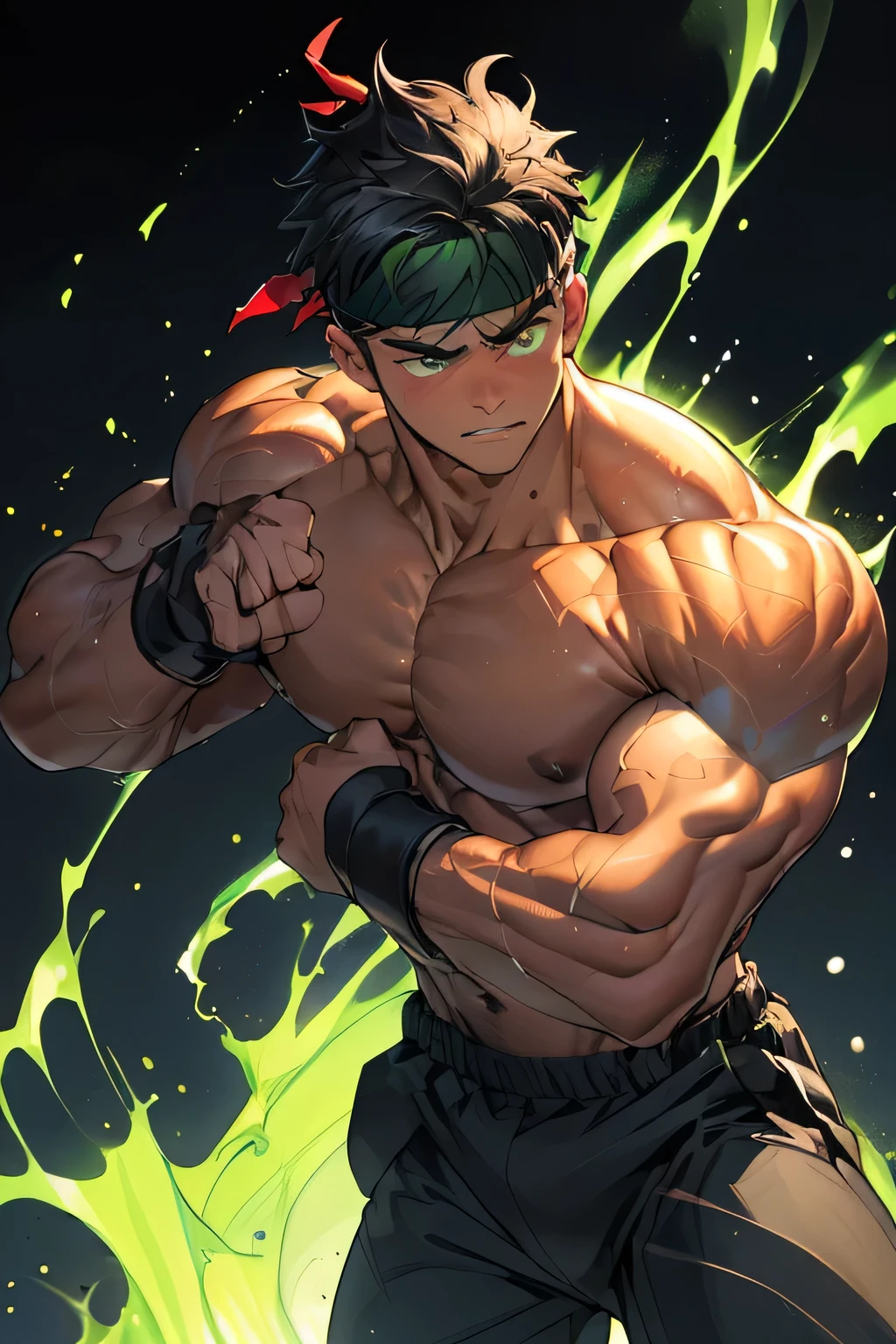 ((masterpiece, best quality, stalwart, (Depth of field:1.2))), (((((black background, deep night, dynamic angle))))), (worm green eyes, Young boy, muscler, Shirtless, topless), ((((1boy, solo, flesh, tough, reliable, developed body)))), (Dark Short straight hair, green eyes, ((almost completely shaved hair)), under cut), (((red headband, wristband, black trouser))), Vivid colors, ((gigantic breast, gigantic abs, big shoulder, muscular body, sturdy body, defined round and fleshy pecs, defined round and fleshy ABS, defined round and fleshy armsmuscular, well-defined muscles, toned body, shouldermuscler)), muscler!, muscler body, detailed face, detailed muscle, (((rippling muscles, Flowing energy, wearing wind to emphasize the power of his aura. Highlight his aura, blue and green aura effect, wearing energy stream, charge aura energy his right arm, Imposing, fight, fighting, agressive, action, punching, kicking, upper cut)))