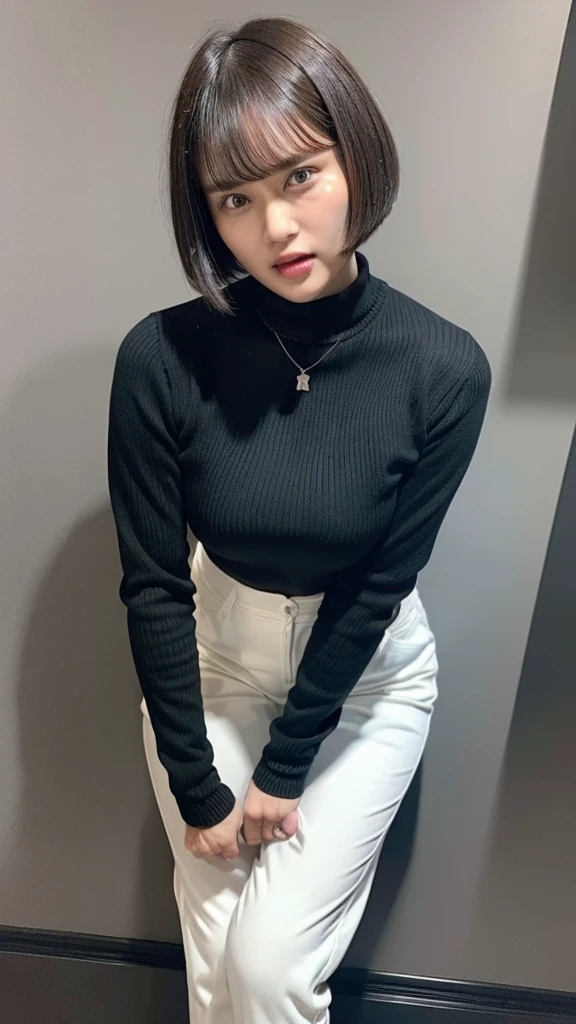 (((black long sleeve knit, white business pants))),((((black short bob hair, bangs)))), ((junior face)), ((hand between legs, leaning forward)), Japanese、(((angry face, open mouth:1.2)))、((((Round face))))、(big cheeks)、((Cute Face))、(((Japanese idol)))、(((background: dark restroom))),  Ultra High Definition,  high image quality model,  retina,  top quality, High resolution、high resolution、in 8K,Highly detailed eyes and face、超High resolution, High resolution、high resolution、in 8K