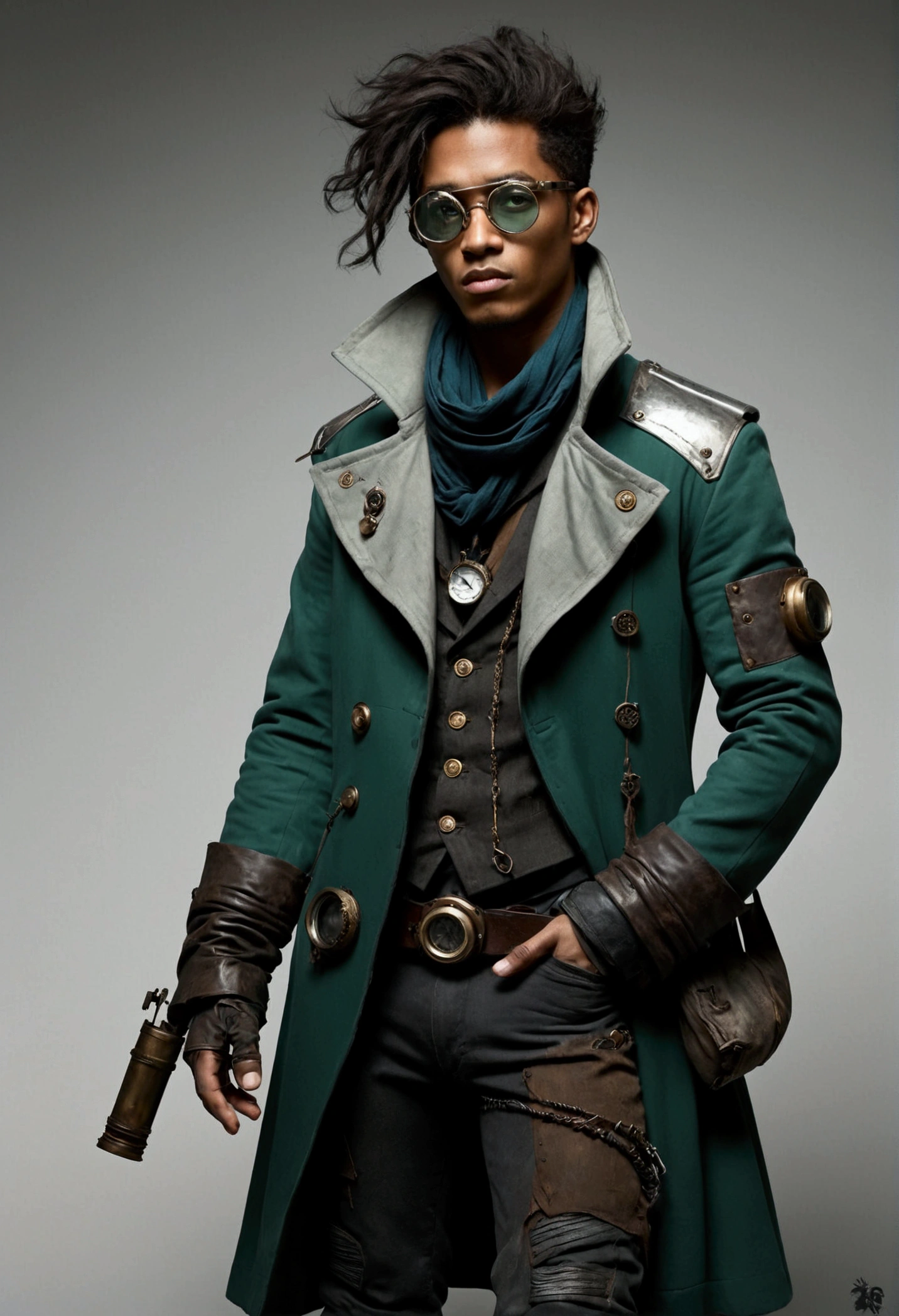 Four different views (front, top, back, and side) of a post-apocalyptic, Create a full-body male character concept art, a determined 21-year-old in a steampunk-space opera world. His long hair, inspired by JB from GOT7, is slightly disheveled and covers part of his face. He wears scavenged clothing that shows signs of wear—tattered layers, heavy boots, and a patched coat. His demeanor is serious and focused, reflecting his harsh experiences. He is always seen wearing interesting glasses, which hide his eyes and protect people from his powers. The design should combine steampunk aesthetics with futuristic tech, creating a mix of rugged and advanced elements in his attire. Cool and Dark Color Palette: Dark and muted tones can reflect your distant, serious personality with a complex emotional background. Main Colors: Ash gray and black: to represent hardness, uncertainty and your internal struggle. Dark blue or petrol blue: these cool tones can symbolize your reserved, mysterious and analytical nature. Accents: Silver or metallic gray: can be linked to the scientific/technological aspect of the world and the fact that your power is more mental and linked to perception. Pale emerald green: to highlight details of your design, especially related to your glasses, giving it an almost "cold but sensitive" touch, without being too warm.
