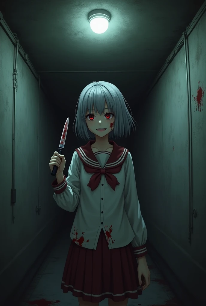 I want an anime girl that has blue eyes, white hair, very pale skin, happy with a smiling face with pink clothes, pink shirt and pink pantyhose and with a white skirt with pink dots and blue stars on the skirt with blood on her clothes and in her hand a knife with which she has blood on her clothes and a dead person in front of her