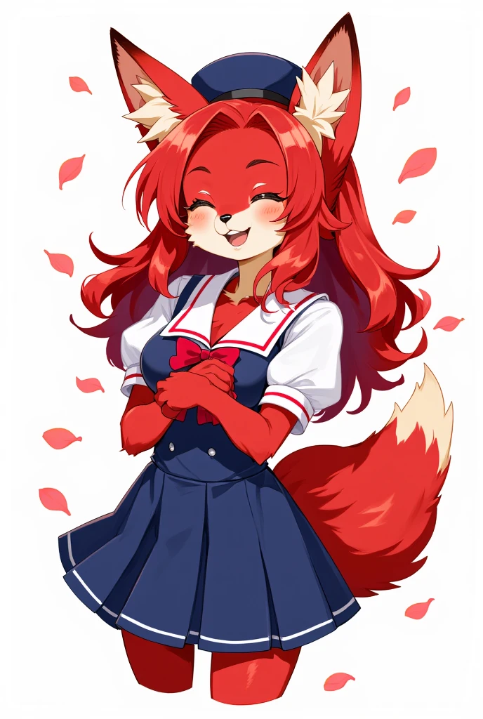 1girl, (furry girl, anthro fox1.5), cute flat 2d anime illustration,, fox ears, fox tail, animal nose, long hair, closed eyes, open mouth, red hair, blush, sailor collar, very long hair, :d, collarbone, hat, skirt, school uniform, short sleeves, beret, puffy sleeves, shirt, puffy short sleeves, vest, pleated skirt, bowtie, petals, bow, solo, white background, simple background, cowboy shot, dutch angle, blue skirt, white headwear, red bow, white sailor collar, smile, blue vest, white shirt, hands on own chest, red bowtie,