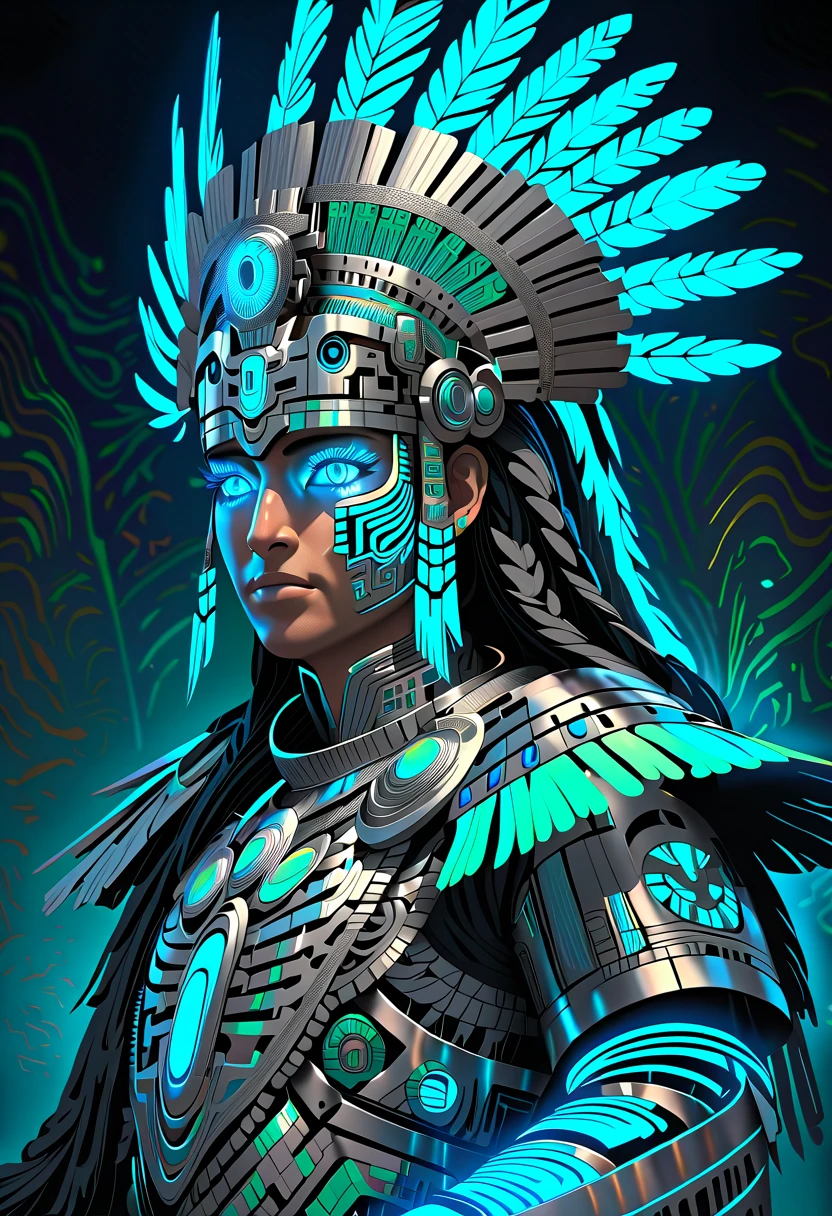 (masterpiece, best quality),A stunning and highly detailed illustration of Quetzalcoatl, the feathered serpent god from Aztec mythology, reimagined with cyberpunk aesthetics for a video game character. The figure is a majestic blend of ancient Mesoamerican elements and futuristic cybernetic designs. His serpent body is covered in glowing, holographic feathers that shimmer in iridescent colors, resembling traditional Aztec patterns. His human-like upper body is adorned with high-tech armor featuring neon accents and intricate engravings inspired by Aztec glyphs. He has massive, cybernetic wings that emit a radiant, neon-green and blue glow, evoking a mix of traditional feather motifs and modern technology. His head is crowned with a glowing, tech-enhanced headdress resembling an Aztec warrior's plume. simple background. 