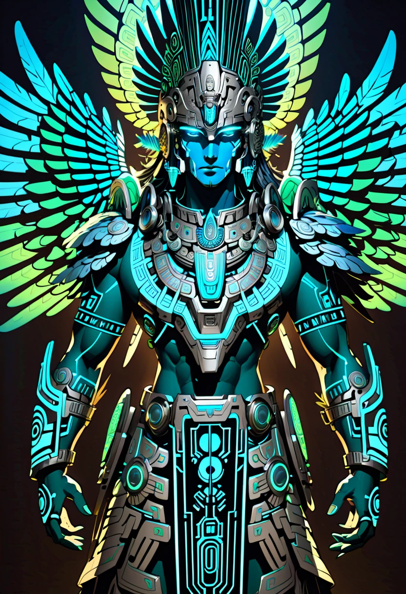 (masterpiece, best quality),A stunning and highly detailed illustration of Quetzalcoatl, the feathered serpent god from Aztec mythology, reimagined with cyberpunk aesthetics for a video game character. The figure is a majestic blend of ancient Mesoamerican elements and futuristic cybernetic designs. His serpent body is covered in glowing, holographic feathers that shimmer in iridescent colors, resembling traditional Aztec patterns. His human-like upper body is adorned with high-tech armor featuring neon accents and intricate engravings inspired by Aztec glyphs. He has massive, cybernetic wings that emit a radiant, neon-green and blue glow, evoking a mix of traditional feather motifs and modern technology. His head is crowned with a glowing, tech-enhanced headdress resembling an Aztec warrior's plume. simple background. 