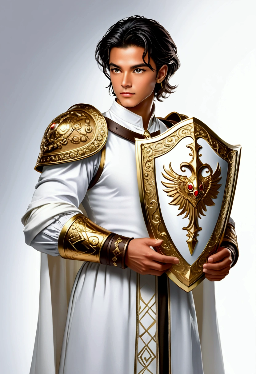 He holds a white and gold shield in his hand