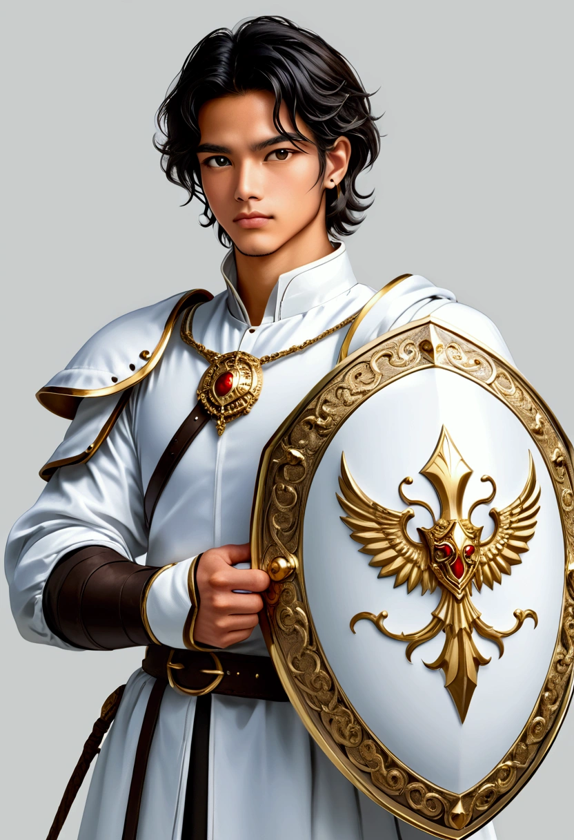 He holds a white and gold shield in his hand