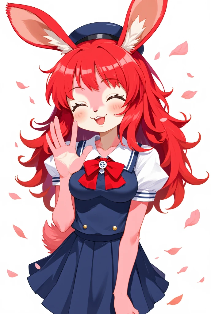 1girl, (furry girl, anthro rabbit:1.5), cute flat 2d anime illustration,, rabbit ears, rabbit tail, animal nose, long hair, closed eyes, open mouth, red hair, blush, sailor collar, very long hair, :d, collarbone, hat, skirt, school uniform, short sleeves, beret, puffy sleeves, shirt, puffy short sleeves, vest, pleated skirt, bowtie, petals, bow, solo, white background, simple background, cowboy shot, dutch angle, blue skirt, white headwear, red bow, white sailor collar, smile, blue vest, white shirt, hands on own chest, red bowtie,