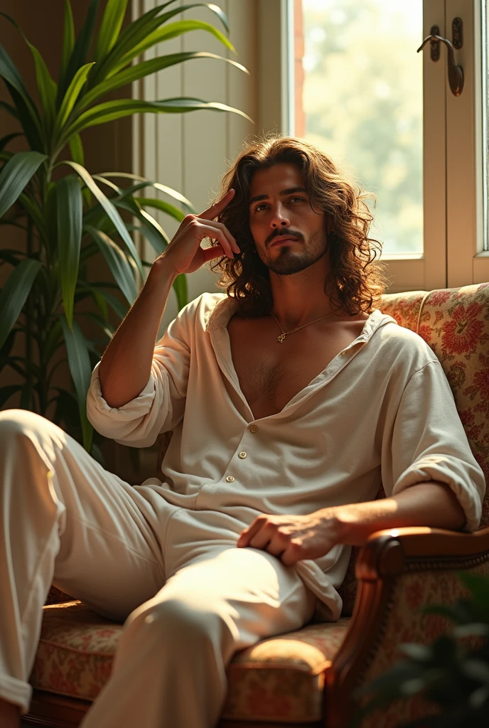 (photorealism:1.2), beautiful man, sitting on bed, wearing loose off-shoulder top, pajama pants, long curly hair, indoors, soft lighting, plants