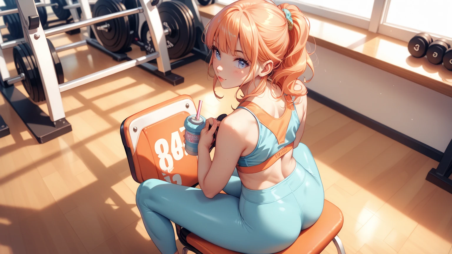 rating_safe, score_9, score_8_up, score_7_up, source_anime, masterpiece, best quality, solo, 1girl, (she is wearing pastel orange sports bra,pastel blue sports leggings),  (she sitting on the chair, looking back, view from above), on the gym