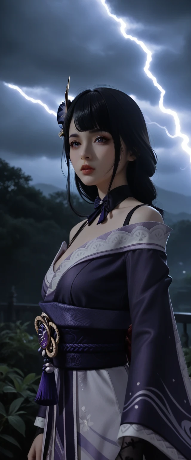 1girl, Raiden Shogun Ei from genshin impact, extremely detailed goddess of death, highly detailed kimono, extremely detailed and revealing gothic off-shoulder kimono, dark and stormy night, lightning blazing in the skies, extremely detailed and realistic skin, extremely detailed medium perky breasts, dramatic cinematic lighting, intricate details, dramatic atmosphere,dark purple hair, dark moody lighting, lush garden background, dramatic colors, photorealistic, 8k, best quality, masterpiece, deep low-cut neckline showing décolletage, life-like and Photorealistic taken from a Leica m9 50mm 1.2 pouting kissable lips 