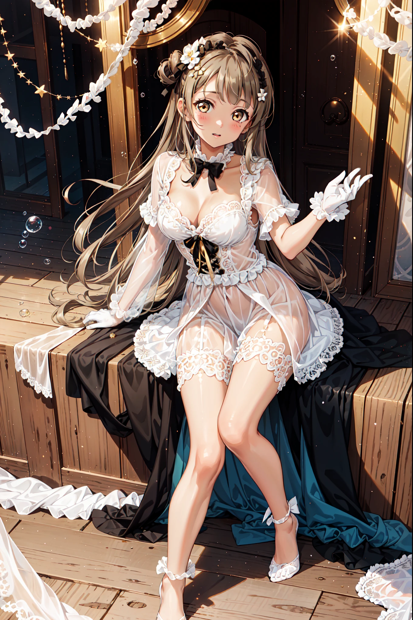 girl,, Have Fun ,in love,( girl in a white modern shirt and robe, Leg ring,Leg lines ),( black ruffle bow gloves),Lace,wrinkle,Bubble Skirt,Lovely Decor , brown hair,golden eyes, White Hair Divine Headwear ,透明Lace, Exquisite Outfits, unique ,European bedroom,(night:1.1), Detailed skin , special hairstyle
