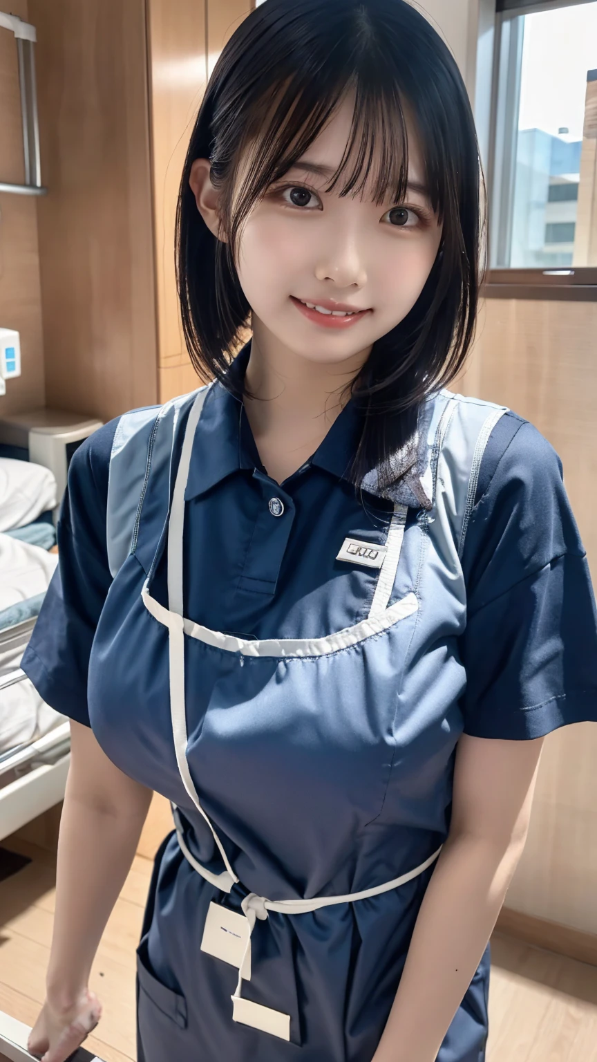 top quality ,   vermillion hair highly detailed , finely,    high definition   , 8k wallpaper,    Perfect dynamic configuration   ,whole body,   standing facing the camera , Hospital room ,nurse ,Nice young girl ,20 years old,白のnurse服,ワンピースのnurse服,Nice young girl，Kind Face ,smile ,  Beautiful breasts  ,   small face   ,  black hair ,   ponytail hair