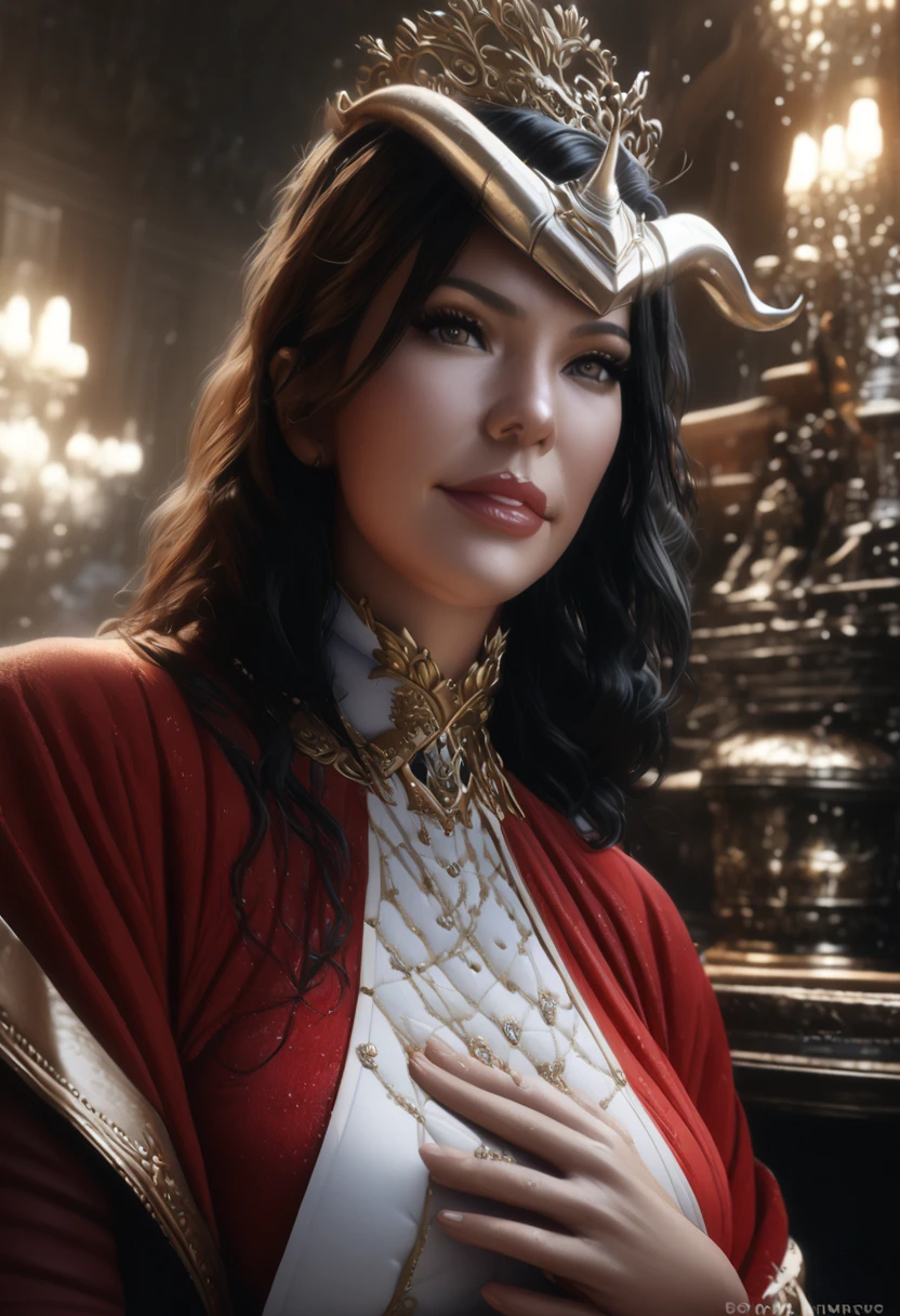 POV close up, grown young mature woman, upper body, albedo_overlord (best quality,4k,8k,highres,masterpiece:1.2),ultra-detailed,(realistic,photorealistic,photo-realistic:1.37),vivid colors, impressive lighting, royal , exquisite decorations, antique chandeliers, stunning, sparkling champagne glasses, settings, sparkling blurry background, romantic atmosphere, wearing dress suit, red dress suit, long black hair, golden eyes, white horn, gentlewoman, smirking, one hand on her breast and other hand is on wine