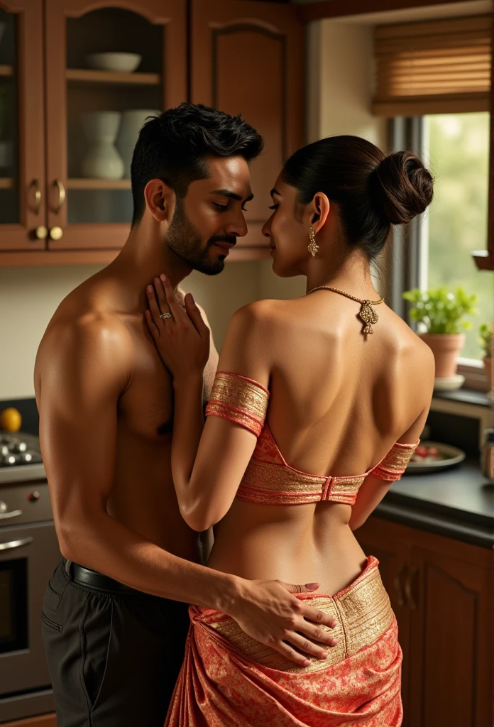 there is a man who is grabbing Mrunal's, they are in kitchen, she is wearing sari, sari is off her shoulder, this is an erotic scene, day time, detailed kitchen view