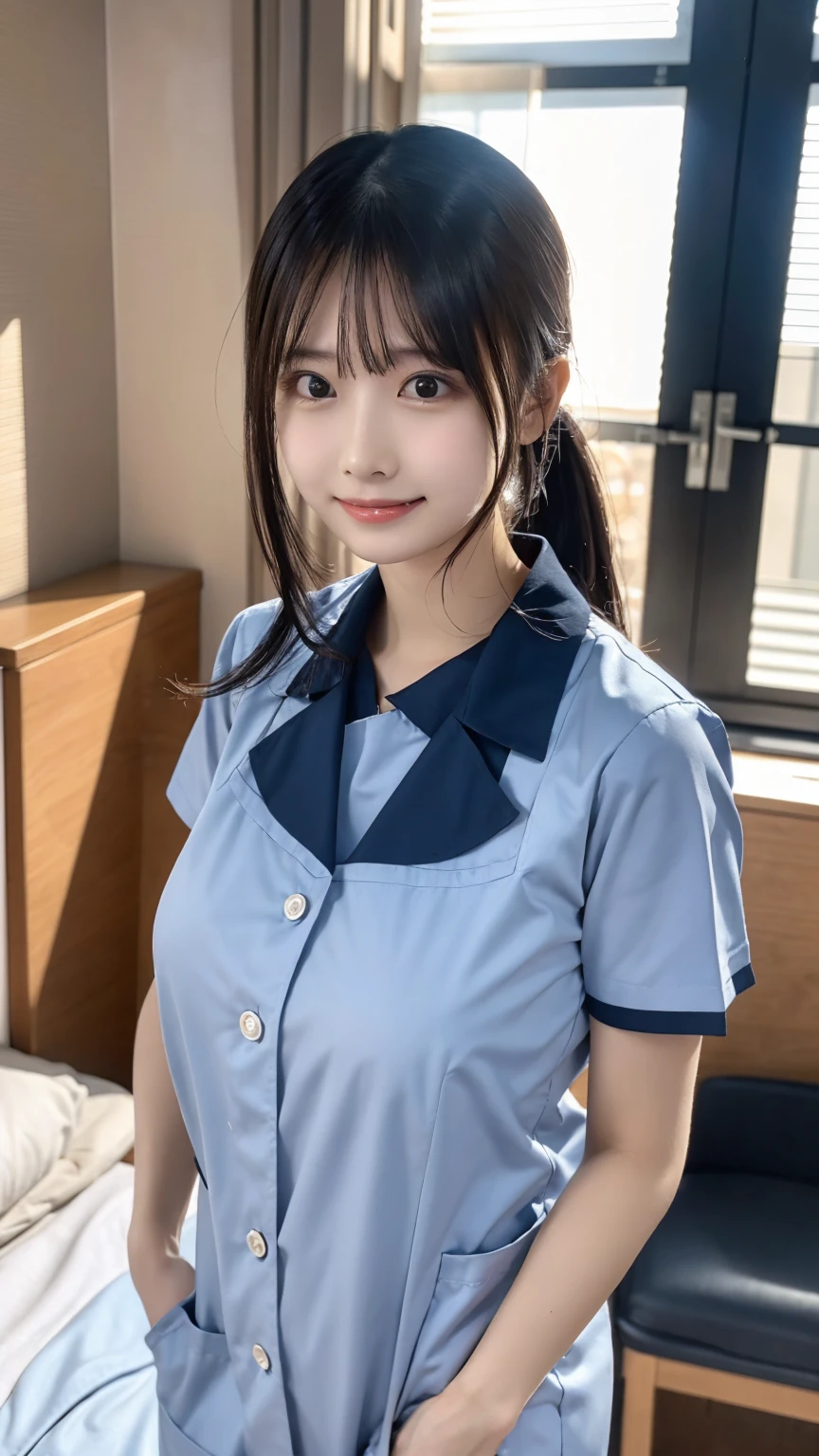 top quality ,   vermillion hair highly detailed , finely,    high definition   , 8k wallpaper,    Perfect dynamic configuration   ,whole body,   standing facing the camera , Hospital room ,nurse ,Nice young girl ,20 years old,白のnurse服,ワンピースのnurse服,Nice young girl，Kind Face ,smile ,  Beautiful breasts  ,   small face   ,  black hair ,   ponytail hair