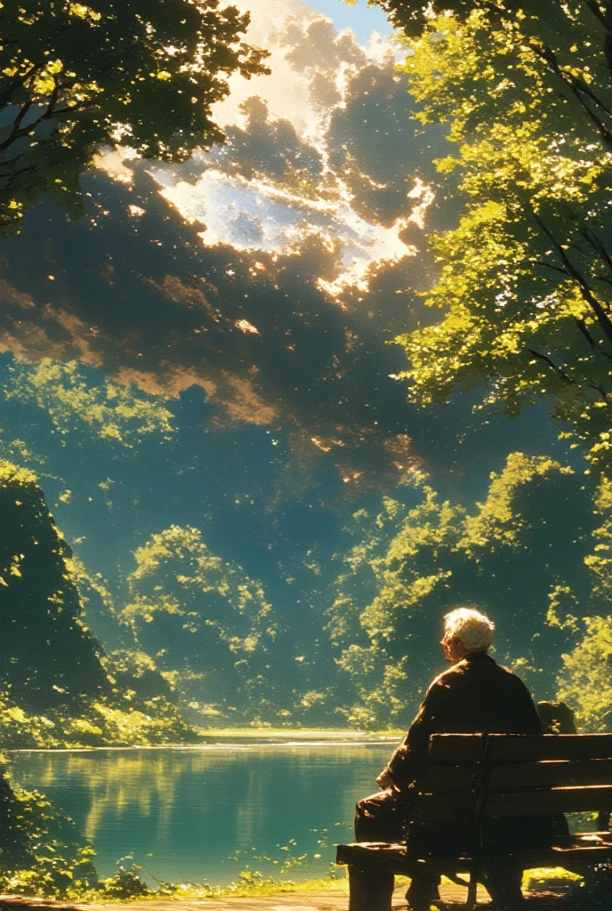 Elderly man (80 years old), sitting on a bench in a park, surrounded by trees, nature and animals; in front of a beautiful and bright lake; with a look of emotion and satisfaction, he remembers the beautiful moments of his past; he remembers the love encounter with his wife (((a cloud of thoughts emerges from his mind to illustrate the first encounter with his wife))); fantastic image; masterpiece