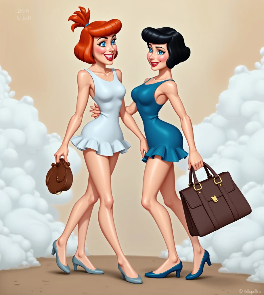 duas mulheres em trajes de banho andando com bolsas e bolsas, imagem dos desenhos animados, inspirado em Tex Avery, Directed by: Hugh Hughes, Directed by: Amy Schumer, por Tex Avery, Directed by: Daphne Allen, Directed by: Viktor Oliva, Directed by: Dennis Ashbaugh, ( Arte Fitzpatrick ), Directed by: Bernie D'Andrea, Directed by: Dave Kendall, inspirado em Bill Ward, Consertar