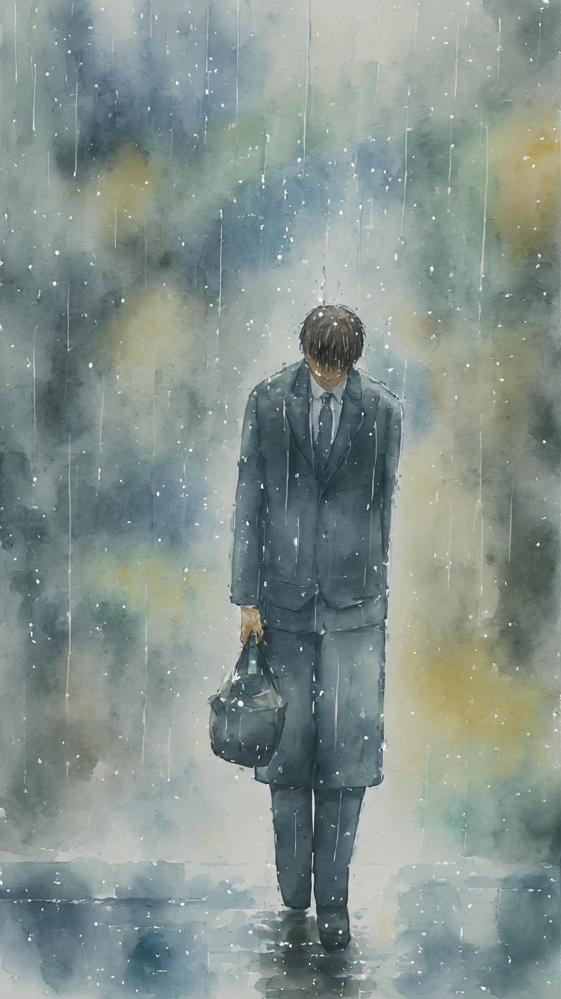 watercolor painting of a man in suit in the rain. full body shot of the man who is soaked under the rain. he tilts his head up to face the rain, the rainwater flows down his face. he is walking in the street, holding his hands out to feel the rain. watercolor brushes stroke painting style. the sky is dark.