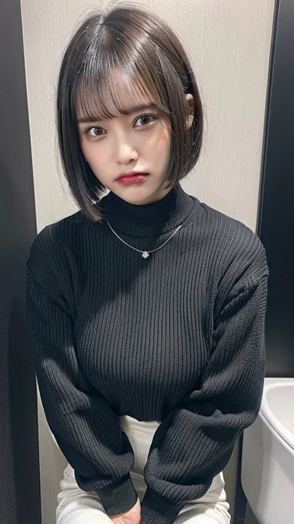 ((hand between legs, leaning forward)), (((black long sleeve knit, white business pants))),((((black short bob hair, bangs)))), ((junior face)), Japanese、(((angry face:1.3)))、((((Round face))))、(big cheeks)、((Cute Face))、(((Japanese idol)))、(((background: restroom))),  Ultra High Definition,  high image quality model,  retina,  top quality, High resolution、high resolution、in 8K,Highly detailed eyes and face、超High resolution, High resolution、high resolution、in 8K