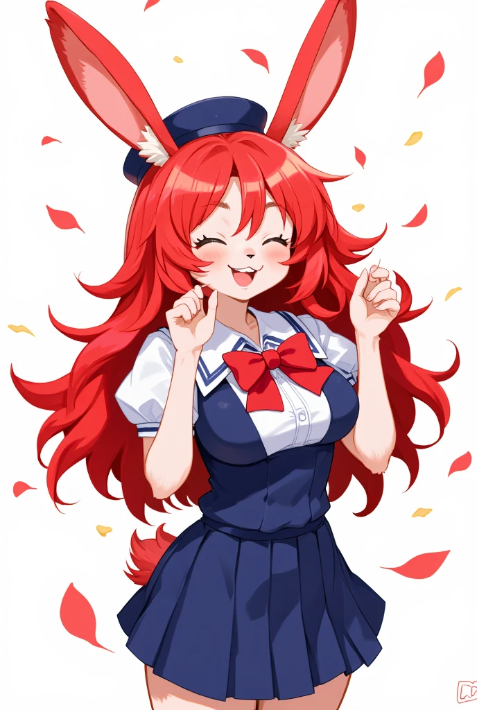 1girl, (furry girl, anthro rabbit:1.5), cute flat 2d anime illustration,, rabbit ears, rabbit tail, animal nose, long hair, closed eyes, open mouth, red hair, blush, sailor collar, very long hair, :d, collarbone, hat, skirt, school uniform, short sleeves, beret, puffy sleeves, shirt, puffy short sleeves, vest, pleated skirt, bowtie, petals, bow, solo, white background, simple background, cowboy shot, dutch angle, blue skirt, white headwear, red bow, white sailor collar, smile, blue vest, white shirt, hands on own chest, red bowtie,