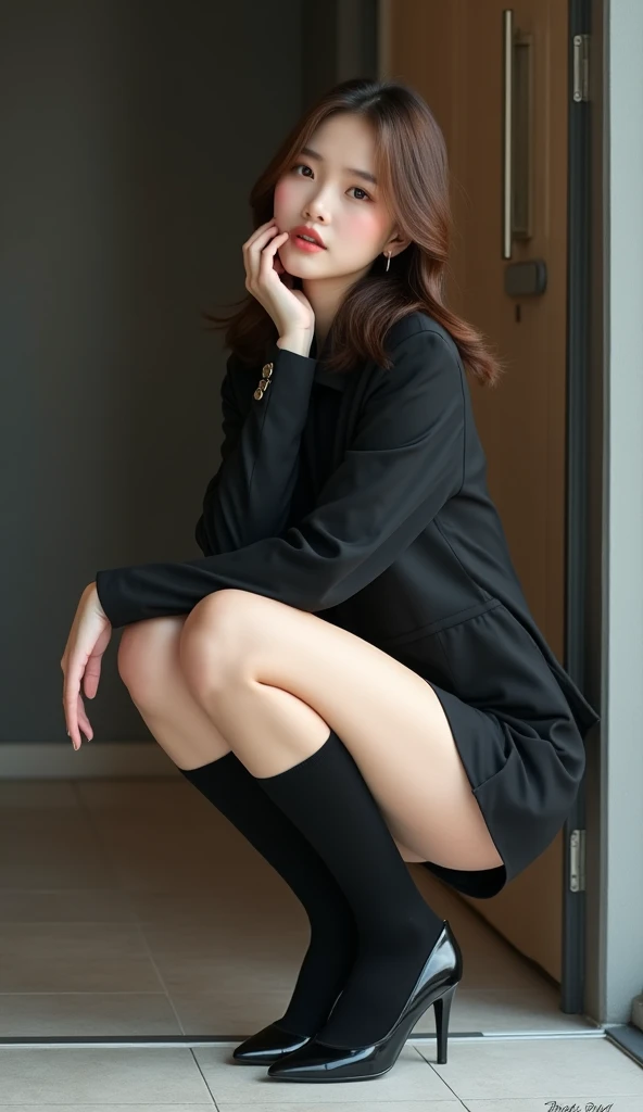 (masterpiece, best quality, ultra high res, photorealistic, realistic, raw photo, real person, photograph),(amazing, finely detail, an extremely delicate and beautiful, sharp focus),a girl,full body,sexy,black stocking,long legs,cleavage,well developed,smile,sound fingers,perfect fingers,
