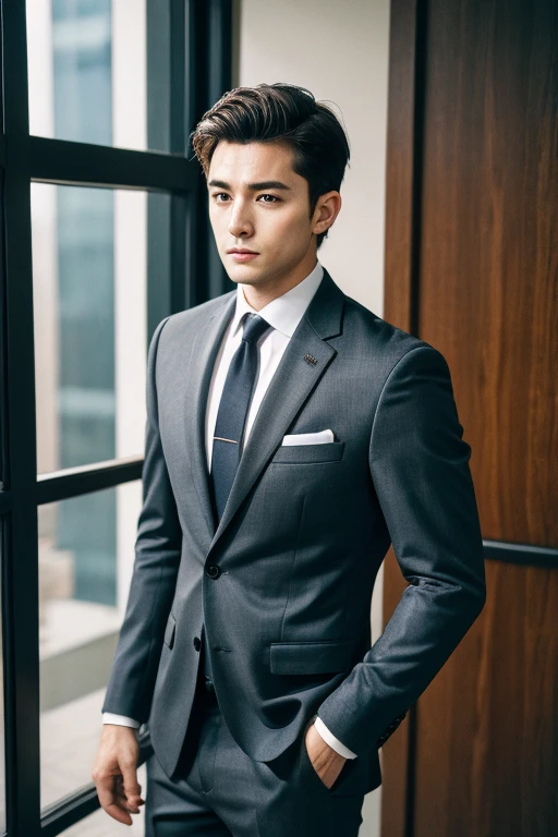 boy, suit, waist up, film grain, realistic, photorealistic