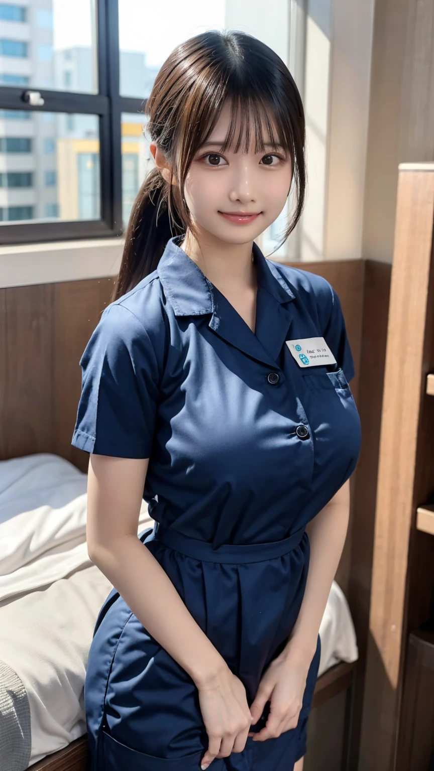 top quality ,   vermillion hair highly detailed , finely,    high definition   , 8k wallpaper,    Perfect dynamic configuration   ,whole body,   standing facing the camera , Hospital room ,nurse ,Nice young girl ,20 years old,白のnurse服,ワンピースのnurse服,Nice young girl，Kind Face ,smile ,  Beautiful breasts  ,   small face   ,  black hair ,   ponytail hair