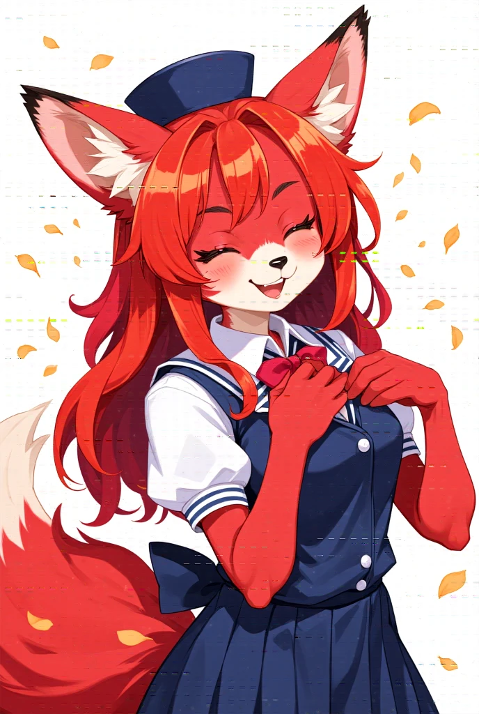 1girl, (furry girl, anthro fox1.5), cute flat 2d anime illustration,, fox ears, fox tail, animal nose, long hair, closed eyes, open mouth, red hair, blush, sailor collar, very long hair, :d, collarbone, hat, skirt, school uniform, short sleeves, beret, puffy sleeves, shirt, puffy short sleeves, vest, pleated skirt, bowtie, petals, bow, solo, white background, simple background, cowboy shot, dutch angle, blue skirt, white headwear, red bow, white sailor collar, smile, blue vest, white shirt, hands on own chest, red bowtie,