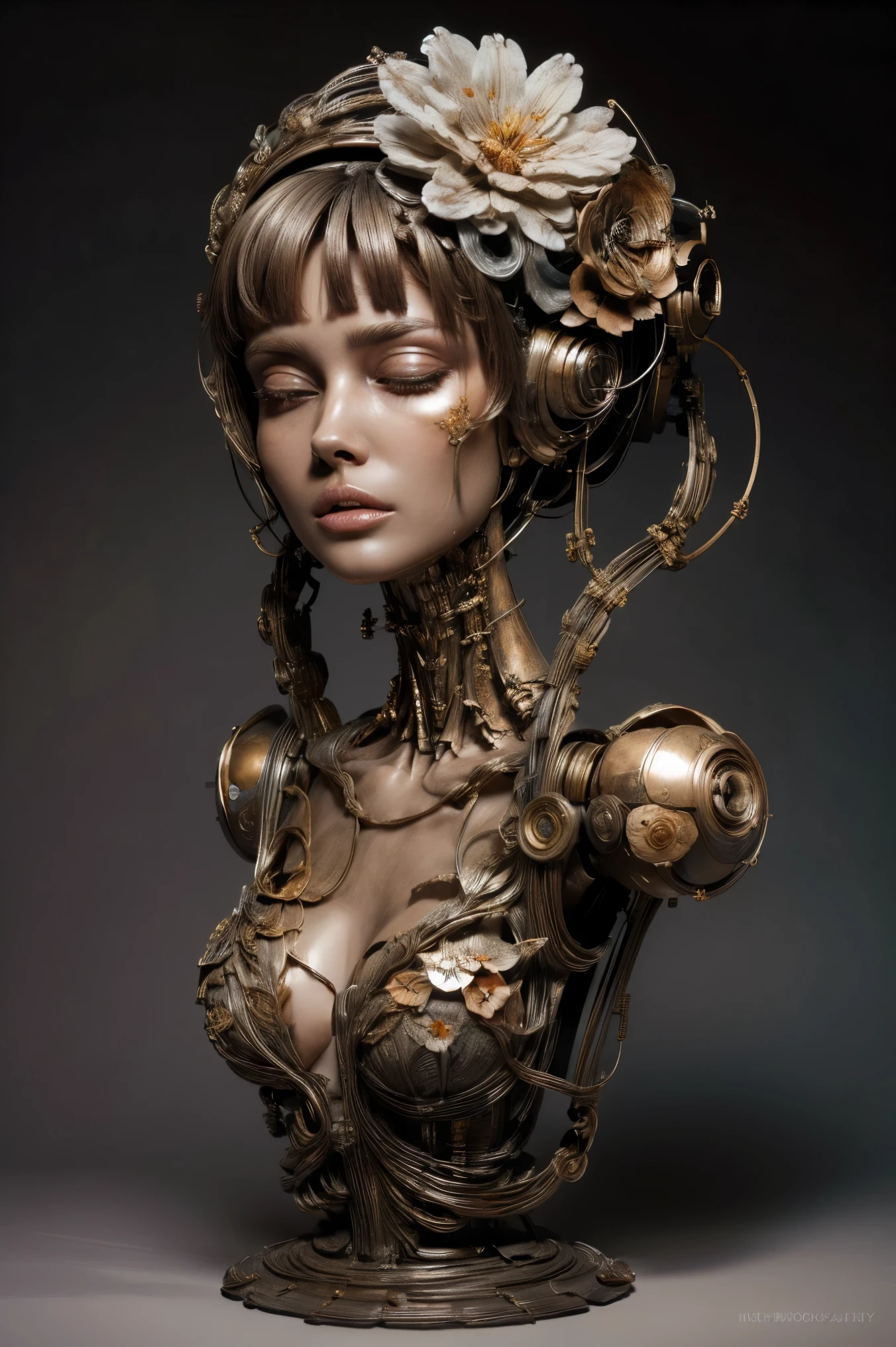 (masterpeace), ((super real photography: 1.5)), ((photo realistic: 1.3)), (real photo), whole body,
A Japanese girl with a lot of flowers, ((A young girl robot: 1.5)), statue,
BREAK
headgear, ((real clear skin)), ((beautiful face: 1.5)), ((Super cute: 1.5)), ((well-balanced face)), (close eyes: 1.3)), longeyelashes, stunning big eyes, luscious glossy lips, ((blunt bangs)),
BREAK
(slender body: 1.3), petite bust, flower bloom, (flowers: 1.5),
BREAK
High-Mechanic body, octane rendering, Super Detailed machine, ((connected electric cables)),
BREAK
(simple background: 1.3), ((bust shot: 1.3)), cinema quality, professional photograph, (photo studio: 1.5), (Bright Light: 1.2), Eye-Level Shot, wide lens, (fujifilm 35mm), (film photo), RAW, Excessive Embellishment, UHD,
BREAK
anatomically correct, textured skin, best quality, 8k