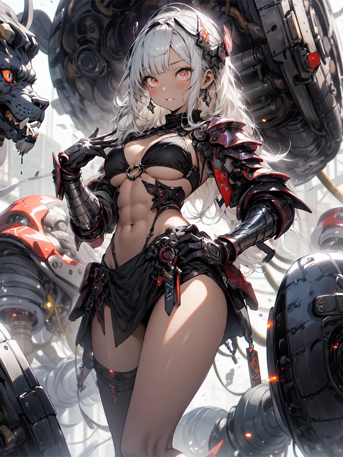 Be realistic、（masterpiece、 top quality、 top quality、 very detailed、puppet、Most detailed、（ abstract background ：1.5）（ 1 girl ）、Kamimei、（long black wolf hair）（Red eyes glow、 dull bangs、Big Breasts、 toned abs 、Stunned）、 crystals、 black bikini、Sexy、Machine Armor、 tanned skin、（ miniskirt）、irritated eyes 、Underboob